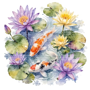Puede incluir: Una ilustración en acuarela de dos peces koi nadando entre nenúfares morados y amarillos y hojas verdes. Los peces son de color naranja, blanco y negro, sobre un fondo de agua azul suave con salpicaduras de pintura artística.