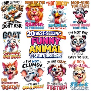 20 Funny Animal PNG Bundle, Sarcastic Quote Sublimation, Farm Animal Shirt Designs, Mug Wrap