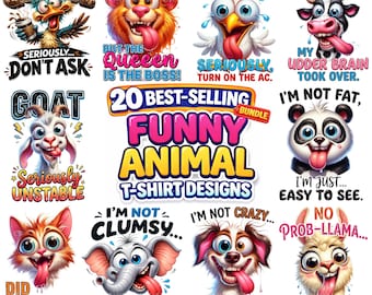 20 Funny Animal PNG Bundle, Sarcastic Quote Sublimation, Farm Animal Shirt Designs, Mug Wrap