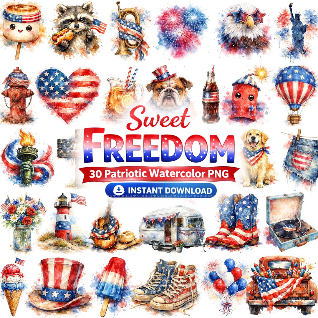 50 4th of July Clipart, Patriotic Watercolor PNG Bundle, Independence ...