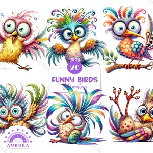 Paquete de 26 imágenes prediseñadas de pájaros divertidos y lindos, sublimación de pájaros de acuarela PNG, diseño divertido, imprimible, uso comercial
