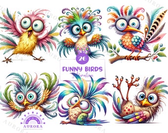 May include: Six colorful cartoon birds with large eyes and crazy hair. The birds are in various poses, some are flying, some are perched on a branch, and some are sitting on the ground. The birds are all brightly colored and have a whimsical, cartoonish style.