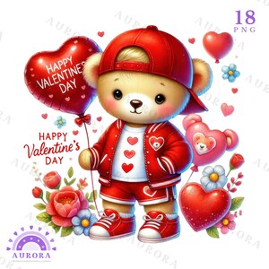 Valentine&#39;s Day Teddy Bear Clipart, Watercolor Valentine PNG, Romantic, Heart, Flowers, Red, Digital Download