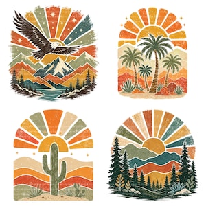May include: Four graphic illustrations featuring nature scenes with a sunburst motif. One shows an eagle over mountains, another palm trees on a beach, a third a desert cactus, and the fourth a forest landscape, all in a distressed, retro color palette.