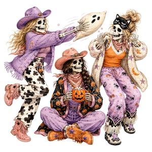 May include: Three skeletons in festive attire. One wears a purple cowboy hat, cardigan, and cow-print pants, throwing a ghost-shaped pillow. Another sits holding a pumpkin mug. The third wears a cat sleep mask, orange top, and cat-print pants.