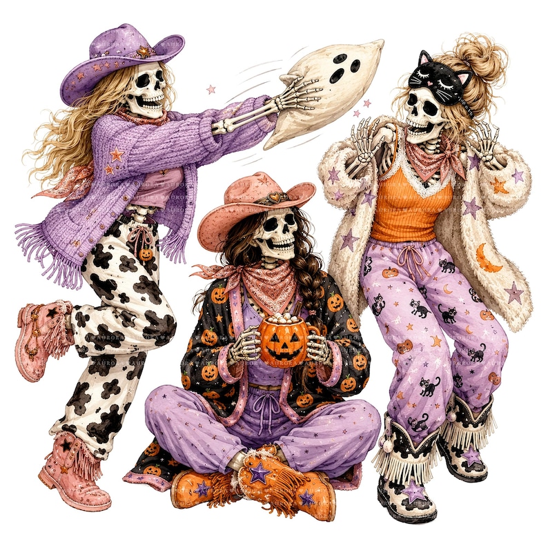 May include: Three skeletons in festive attire. One wears a purple cowboy hat, cardigan, and cow-print pants, throwing a ghost-shaped pillow. Another sits holding a pumpkin mug. The third wears a cat sleep mask, orange top, and cat-print pants.