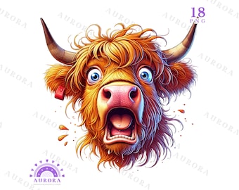 Clipartbundel grappige hooglandkoe, aquarelstijl, eigenzinnige dierenkunst, instant digitale download