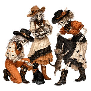 May include: Three skeletons dressed in western-style clothing including cowboy hats, patterned blouses, and skirts or overalls. They are interacting with three cats. The skeletons wear black and orange outfits with cat motifs, and the cats are tabby and black.