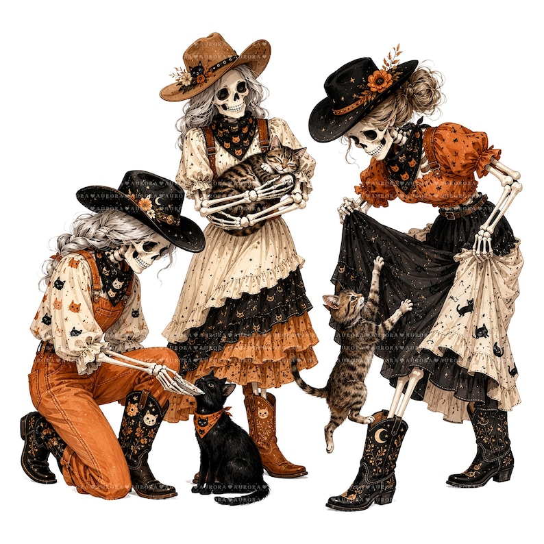 May include: Three skeletons dressed in western-style clothing including cowboy hats, patterned blouses, and skirts or overalls. They are interacting with three cats. The skeletons wear black and orange outfits with cat motifs, and the cats are tabby and black.