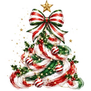 May include: A stylized Christmas tree illustration composed of swirling red, white, and green brushstrokes. The tree is topped with a gold star and a large striped bow, decorated with holly berries, leaves, and red and white striped ornaments.