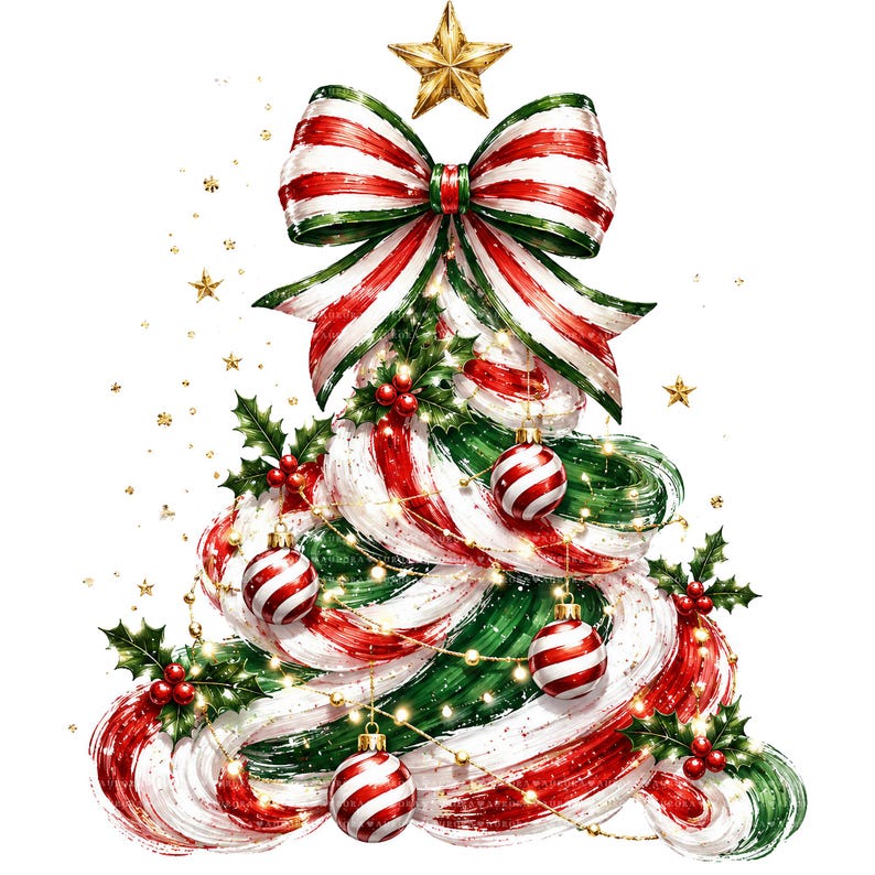 May include: A stylized Christmas tree illustration composed of swirling red, white, and green brushstrokes. The tree is topped with a gold star and a large striped bow, decorated with holly berries, leaves, and red and white striped ornaments.