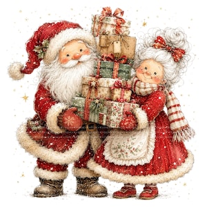 Könnte beinhalten: Der Weihnachtsmann und Frau Weihnachtsmann stehen zusammen und tragen rote Kleidung mit weißem Pelzbesatz. Der Weihnachtsmann trägt eine rote Mütze und Fäustlinge, während Frau Weihnachtsmann eine rote Schleife im Haar und einen gestreiften Schal trägt.
