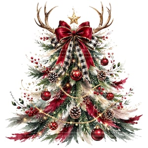 May include: A decorative Christmas tree illustration featuring green pine branches, red ornaments, pinecones, and red berries. A large red and black buffalo plaid bow sits at the top, accented by deer antlers and a gold star. Gold beads drape down.
