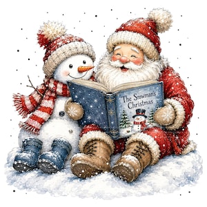 May include: A snowman wearing a red and white striped hat and scarf with blue boots sits next to Santa Claus in a red suit and brown boots. They are reading a blue book titled The Snowman's Christmas, which features a small snowman illustration.