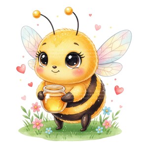Puede incluir: Una linda abeja de dibujos animados sosteniendo un tarro de miel, rodeada de corazones y flores. La abeja es amarilla y negra con ojos grandes y alas delicadas. La ilustración tiene un estilo caprichoso y alegre.