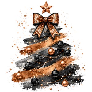 May include: A stylized Christmas tree graphic composed of black and copper-colored brushstrokes. The tree is topped with a copper star and a large, sequined copper bow. It is decorated with hanging black and copper ornaments and string lights.
