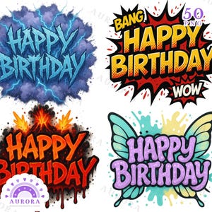 50 joyeux anniversaire PNG sublimation, goutte colorée, bande dessinée, feu, texte aquarelle, clipart lettrage à la main pour t-shirts, tasses et cartes
