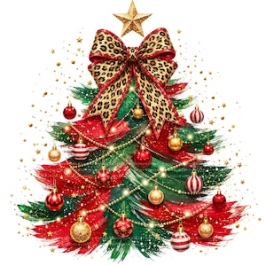 May include: A stylized Christmas tree illustration featuring brushstroke textures in green and red. The tree is decorated with gold and red ornaments, striped baubles, and gold beaded garlands. A large leopard print bow and a gold star top the tree.