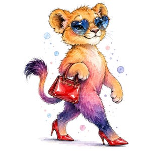 Puede incluir: Una ilustración en acuarela de un cachorro de león caminando, con gafas de sol azules en forma de corazón y zapatos de tacón rojos. El cachorro tiene un pelaje degradado de naranja a morado y lleva un pequeño bolso rojo estructurado.