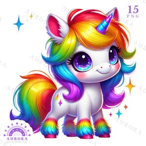 Cute Rainbow Unicorn Clipart Bundle, Kawaii Baby Unicorn PNG, Unicorn Sublimation Design, Magical Fantasy Horse Art, Kids Party Printable