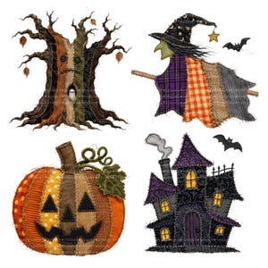 34 Halloween Patchwork PNG-paket, häxpumpa spökskelett Clipart för sublimering och hantverk