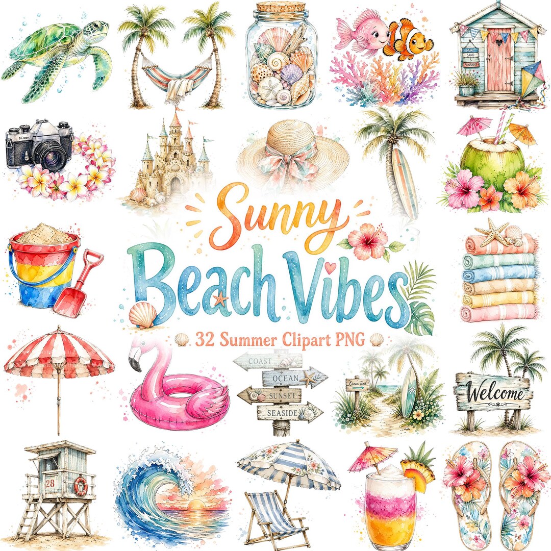 32 Summer Beach Clipart PNG Bundle, Watercolor Tropical Vacation ...