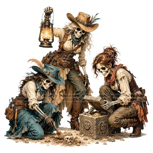 May include: Three skeleton figures dressed in western-style attire. One stands holding a lit lantern, wearing a tan hat. Another kneels, brushing dirt near a small skull. The third kneels, opening a stone chest carved with a skull design.