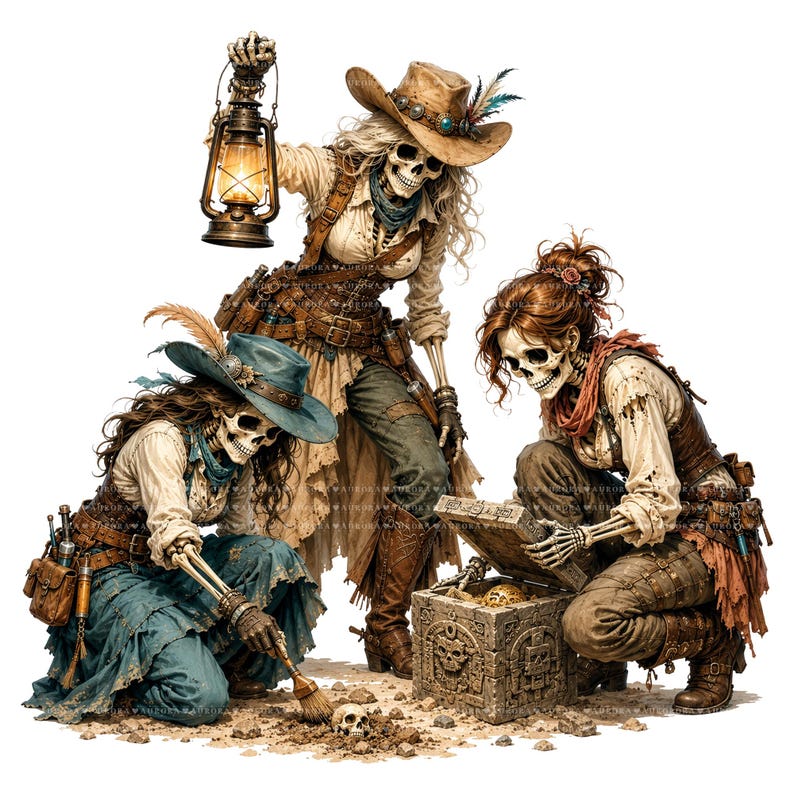 May include: Three skeleton figures dressed in western-style attire. One stands holding a lit lantern, wearing a tan hat. Another kneels, brushing dirt near a small skull. The third kneels, opening a stone chest carved with a skull design.