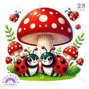 Clipart di funghi e insetti carini, Kawaii Toadstool con coccinelle PNG, Sublimazione della foresta ad acquerello, Download digitale