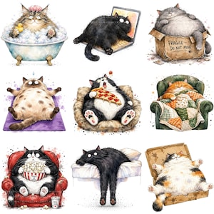 Puede incluir: Una colección de nueve ilustraciones en acuarela con gatos gorditos en varios escenarios: bañándose con un patito, usando una laptop, descansando en una caja con la etiqueta FRAGILE DO NOT MOVE, haciendo yoga, comiendo pizza, durmiendo en un sillón, comiendo palomitas, descansando en una cama y en una caja de pizza.