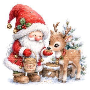 May include: A watercolor illustration of a Santa Claus figure in a red suit and hat with white fur trim, holding a bucket labeled REINDEER GRAIN. A small brown fawn with a red collar and bell stands nearby, eating grain from Santa's hand.