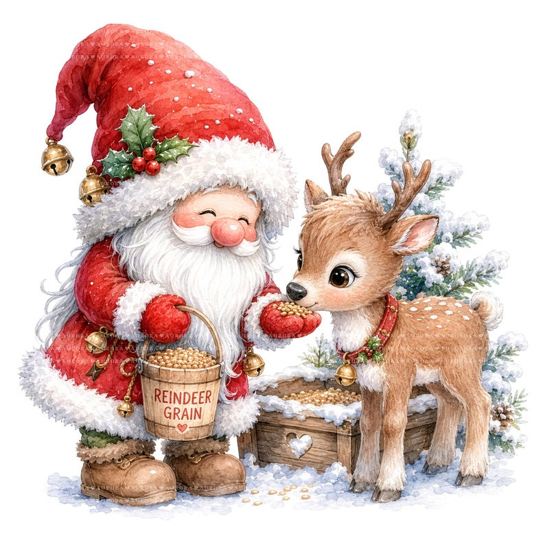 May include: A watercolor illustration of a Santa Claus figure in a red suit and hat with white fur trim, holding a bucket labeled REINDEER GRAIN. A small brown fawn with a red collar and bell stands nearby, eating grain from Santa's hand.