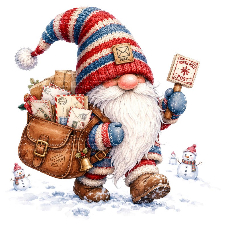 May include: A gnome wearing a red, white, and blue striped hat with a mail patch, carrying a brown leather satchel filled with envelopes labeled Special Delivery. The gnome holds a North Pole Post sign and wears blue mittens and brown boots.