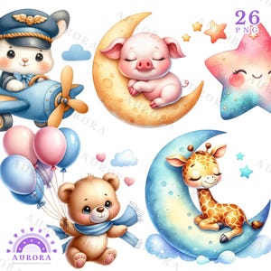Pastel Nursery Watercolor Clipart, Baby Animals, Moon, Stars, Baby Shower, Décor, PNG, Digital Download