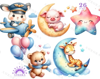 Pastel Nursery Watercolor Clipart: Baby Animals, Moon, Stars, Baby Shower (Digital Download)