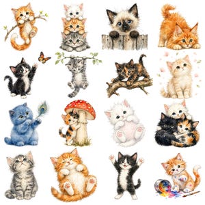 Pode incluir: Uma coleção de ilustrações em aquarela de gatinhos adoráveis em várias poses. Os gatinhos são retratados em uma variedade de cores, incluindo laranja, cinza, preto e azul. Alguns gatinhos estão brincando, enquanto outros estão se aconchegando ou curiosos.
