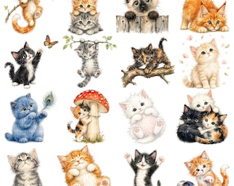 May include: A collection of watercolor illustrations of adorable kittens in various poses. The kittens are depicted in a variety of colors, including orange, gray, black, and blue. Some kittens are playing, while others are cuddling or looking curious.