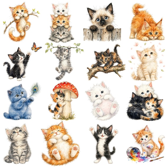 25 Whimsical Kittens PNG Bundle, Watercolor Cat Clipart, Sublimation Junk Journal Digital Download