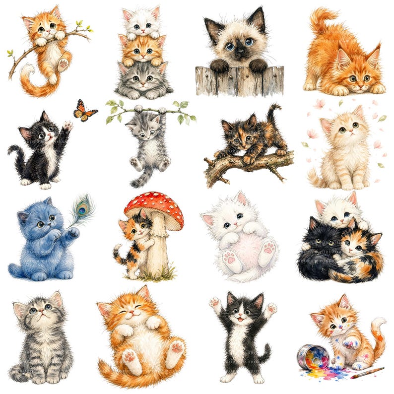 K&ouml;nnte beinhalten: Eine Sammlung von Aquarellillustrationen entz&uuml;ckender K&auml;tzchen in verschiedenen Posen. Die K&auml;tzchen sind in einer Vielzahl von Farben dargestellt, darunter Orange, Grau, Schwarz und Blau. Einige K&auml;tzchen spielen, andere kuscheln oder sind neugierig.