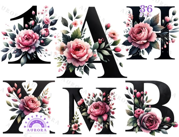 Watercolor Floral Alphabet Clipart, Flowers Letters Clipart, Botanical Monogram PNG, Digital Download