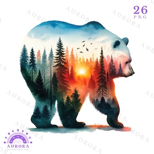 26 animali selvatici sublimazione, doppia esposizione clipart animali, silhouette fauna selvatica della foresta PNG, amanti della natura, uso commerciale
