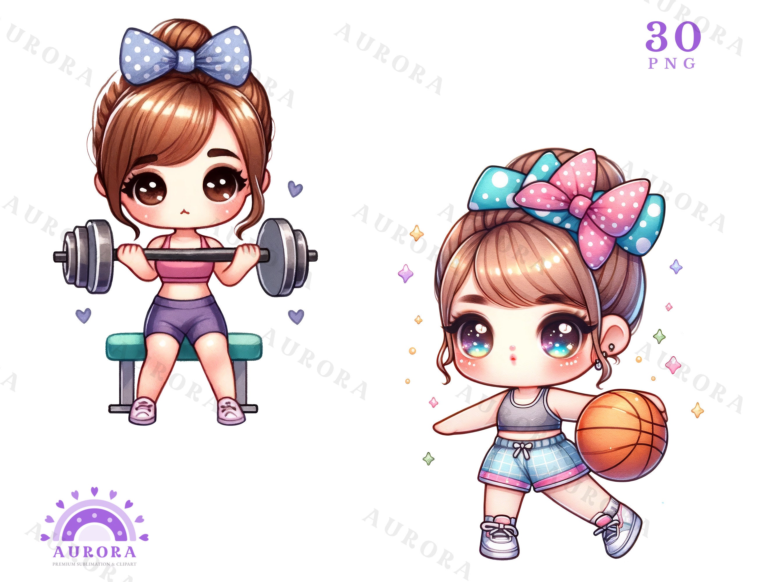 Chibi Fitness Girl Clipart, Gym Workout PNG Bundle, Sublimation Designs ...