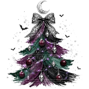 May include: A graphic illustration of a Christmas tree shaped from brushstrokes in black, dark green, and deep purple. The tree is topped with a silver crescent moon and a black lace bow, decorated with silver skull ornaments, dark red baubles, and bats.