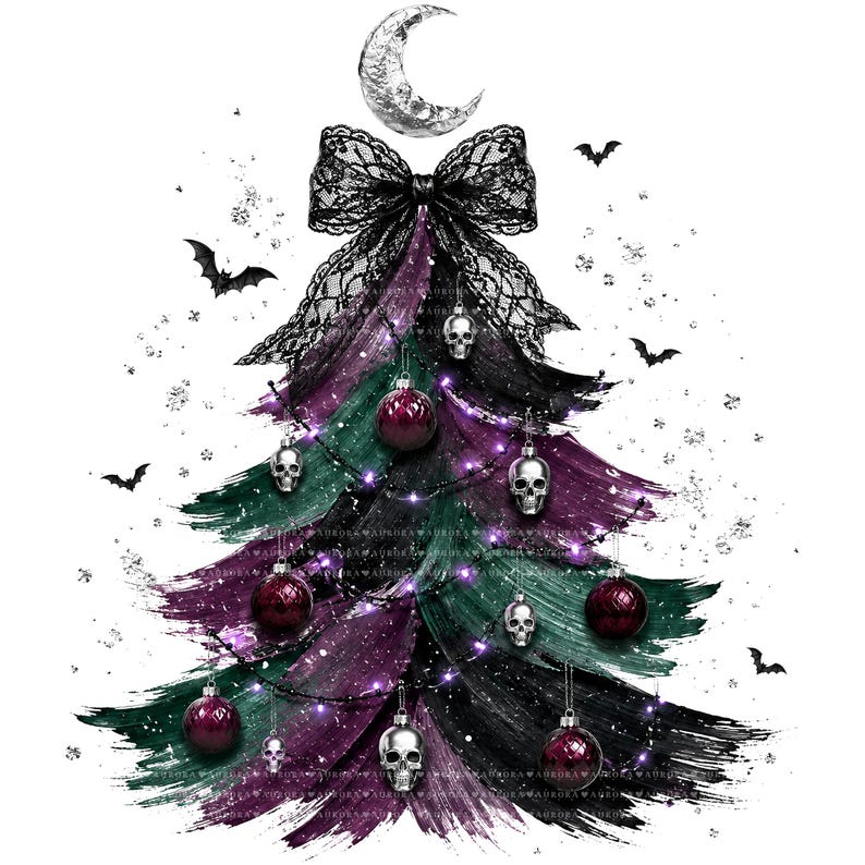 May include: A graphic illustration of a Christmas tree shaped from brushstrokes in black, dark green, and deep purple. The tree is topped with a silver crescent moon and a black lace bow, decorated with silver skull ornaments, dark red baubles, and bats.