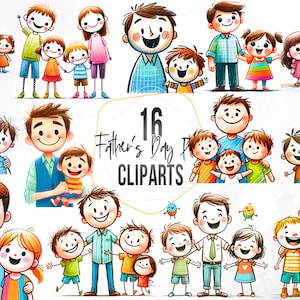 Clipart de sublimación del Día del Padre, Niños dibujando retrato familiar, Acuarela papá e hijos, Padre e hija, Día del Padre PNG-Uso comercial