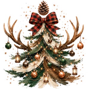 May include: A Christmas tree illustration featuring large deer antlers, a red and black buffalo plaid bow, and a pinecone at the top. The tree is decorated with hanging metallic ornaments, glowing lanterns, and small gold stars on a white background.