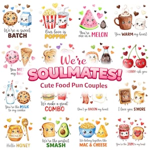 Pakiet 40 Kawaii Food Pun PNG, Walentynkowe Wzory Sublimacji, Zabawne Naklejki dla Par