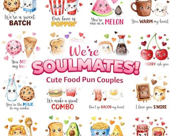 40 Kawaii Food Pun PNG Bundle, Valentine Sublimation Designs, Funny Couple Sticker Art
