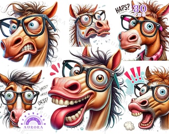 Funny Horse Face Clipart Bundle, Watercolor Animal PNG, Sublimation, Humorous Animals, Digital Download