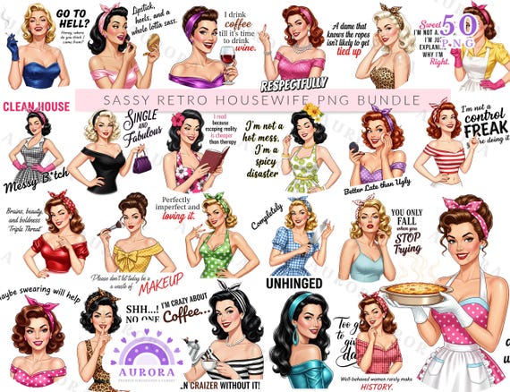 Sassy Retro Housewife PNG Bundle | Funny 1950s Pin Up Sublimation Clipart | Vintage Sarcastic Designs